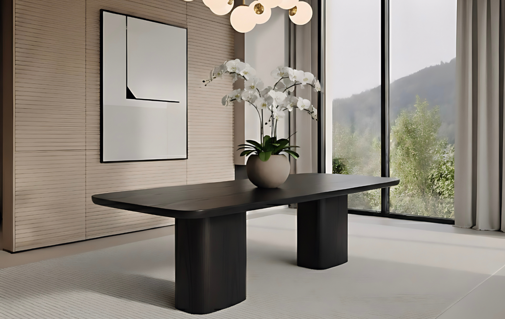 black wood dining table with curved bases and white rug