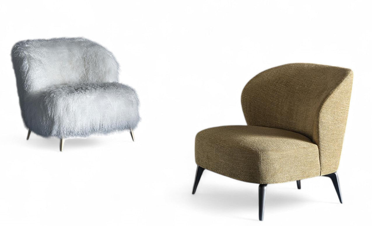 studio shot of two upholstered armchairs, one white fur, one brown fabric