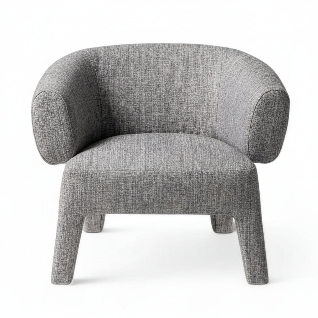 Grey upholstered armchair with curved back and short legs furniture product photography.
grey upholstered armchair curved back short legs furniture product photography