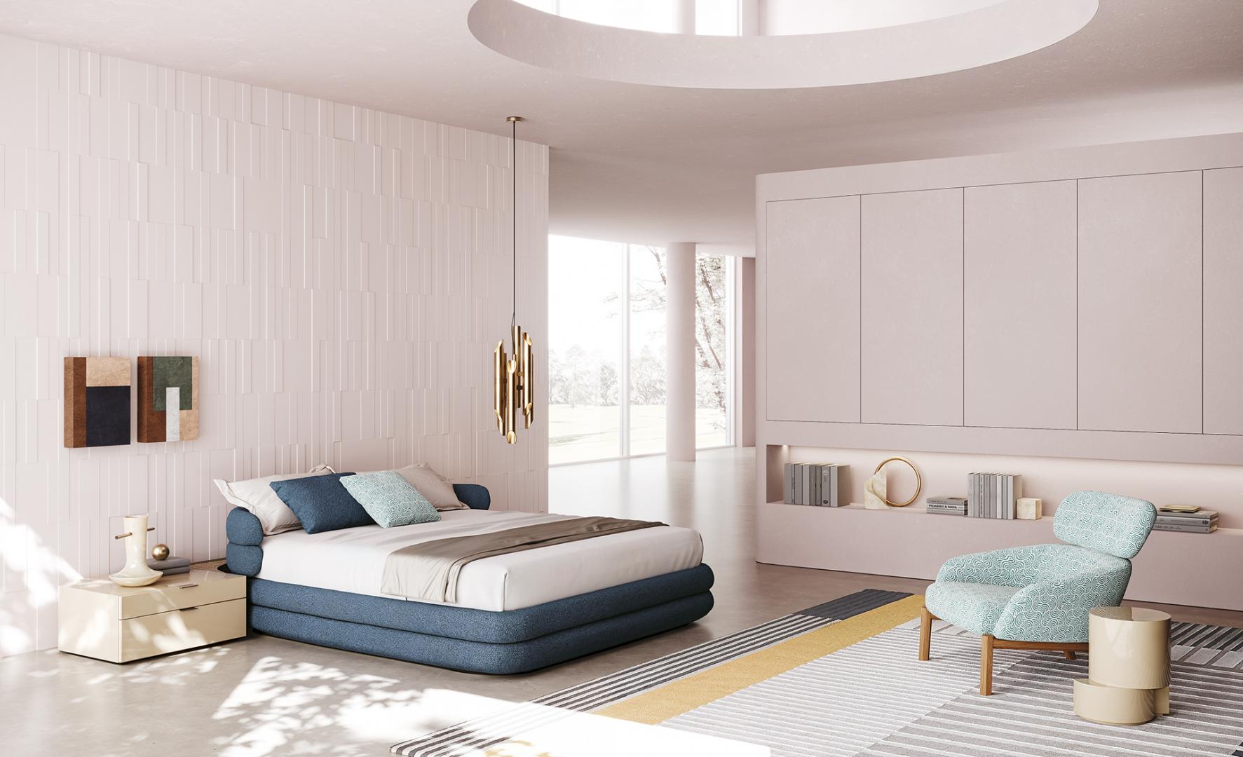 Modern minimalist bedroom featuring a platform bed, nightstand, rug, decor, and the patterned Casamilano Elton Armchair