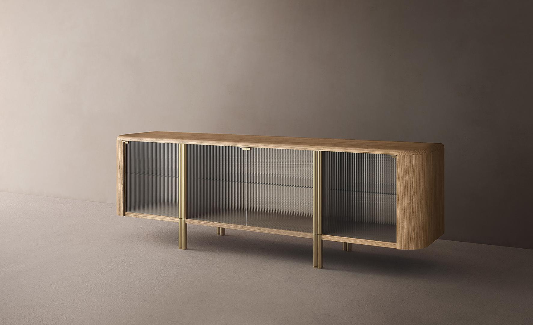 Casamilano Tecla sideboard featuring light wood, reeded glass doors, and brass legs, perfect for modern living or dining room storage