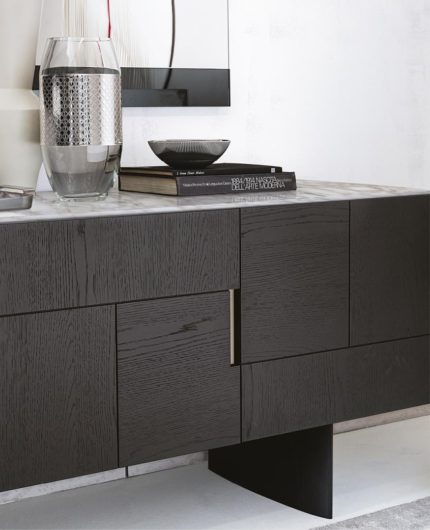 Close-up of the Casamilano Arne Sideboard, a modern dark wood cabinet with a marble top, perfect for luxury living room storage and contemporary design