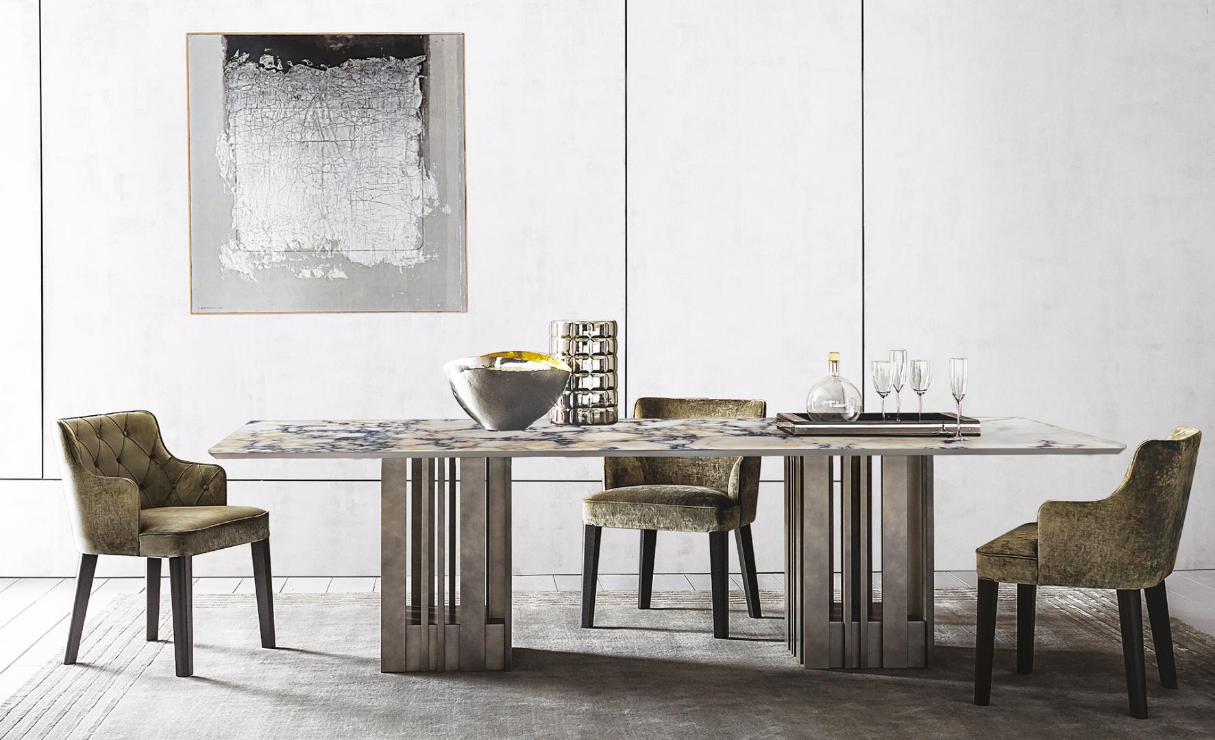Modern dining room featuring the Casamilano Empire dining table with a marble top and upholstered chairs. Luxury furniture for contemporary dining room decor.