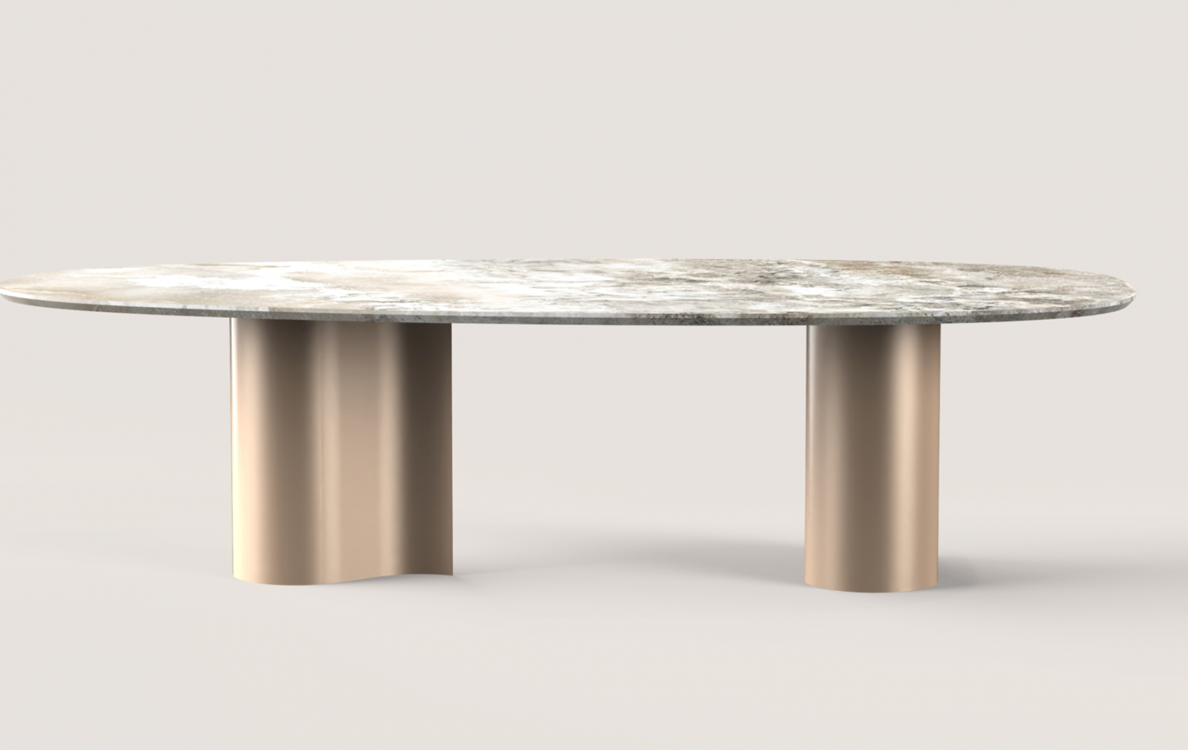 Close-up of the Virgola IN & OUTDOOR dining table by Casamilano. Features a marble top, metal base, and contemporary design