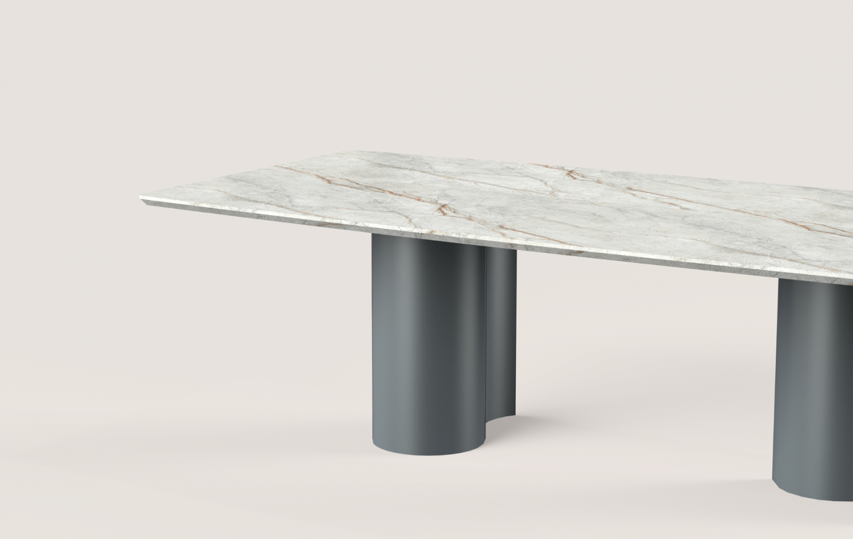 Close-up of Casamilano's Virgola IN & OUTDOOR dining table featuring a marble top and gray cylindrical legs, perfect for modern dining
