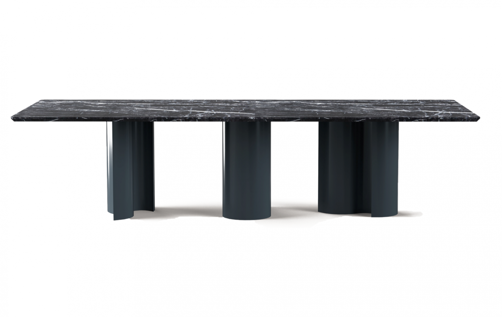 Modern dining table with marble top and unique dark gray base by Casamilano. Contemporary design for luxury dining rooms