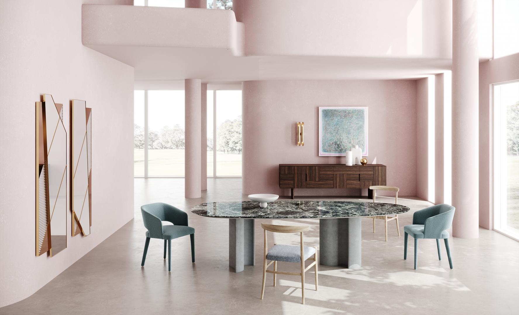 Modern dining room featuring Casamilano Elsa dining chairs, a marble table, dark wood sideboard, and geometric mirror against pink walls