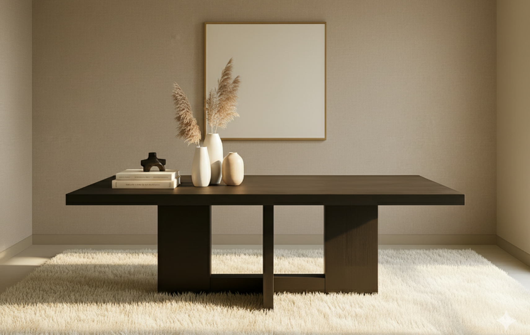 Interior view of dark wood dining table on white shag rug.