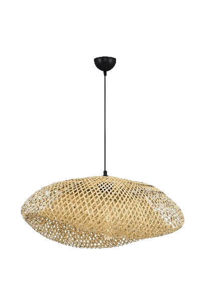 Large woven bamboo pendant lighting fixture with black canopy and cord