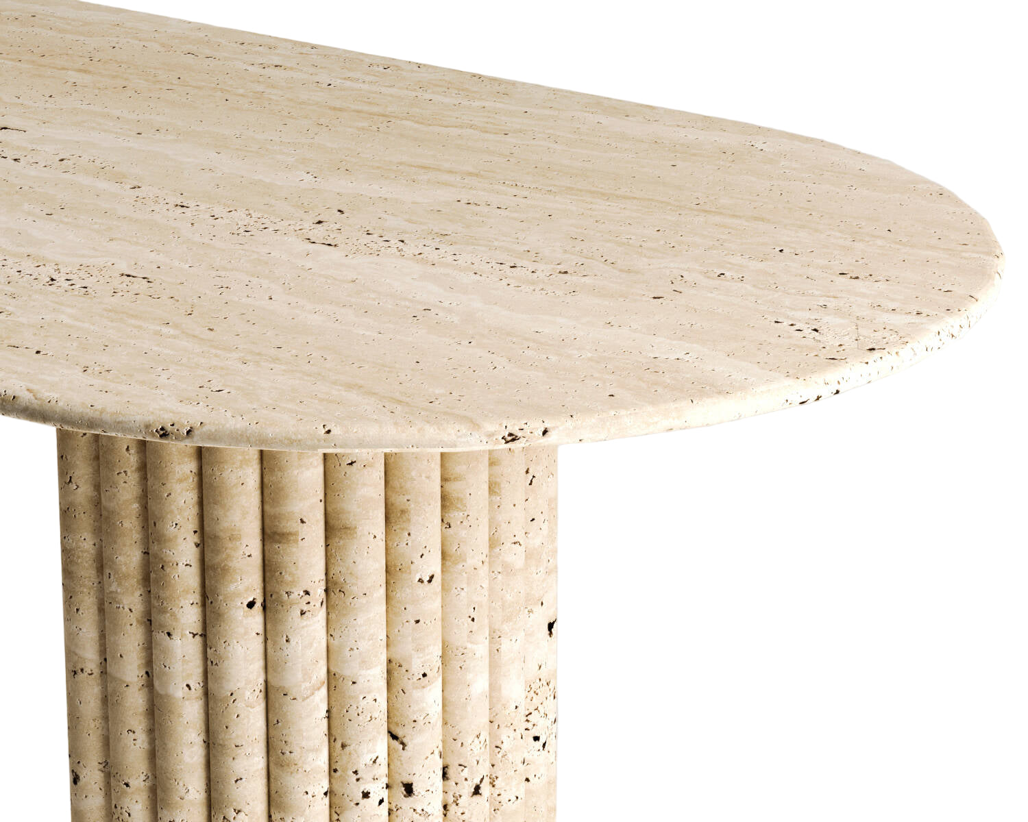 Close-up of Luzione travertine side table showcasing natural stone texture, fluted pedestal base, and minimalist design for modern interiors