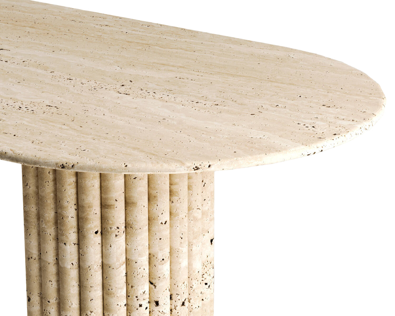 Close-up of Luzione travertine side table showcasing natural stone texture, fluted pedestal base, and minimalist design for modern interiors