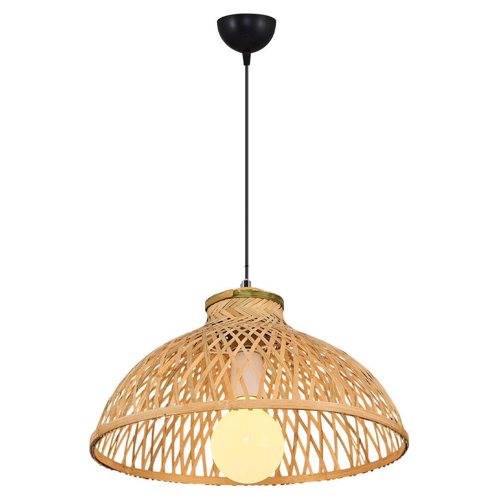 View of woven bamboo pendant lighting fixture with glowing bulb.