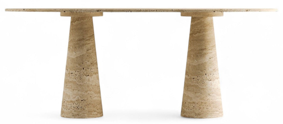 Elliptical travertine dining table with two textured cylindrical legs, front view on white background.