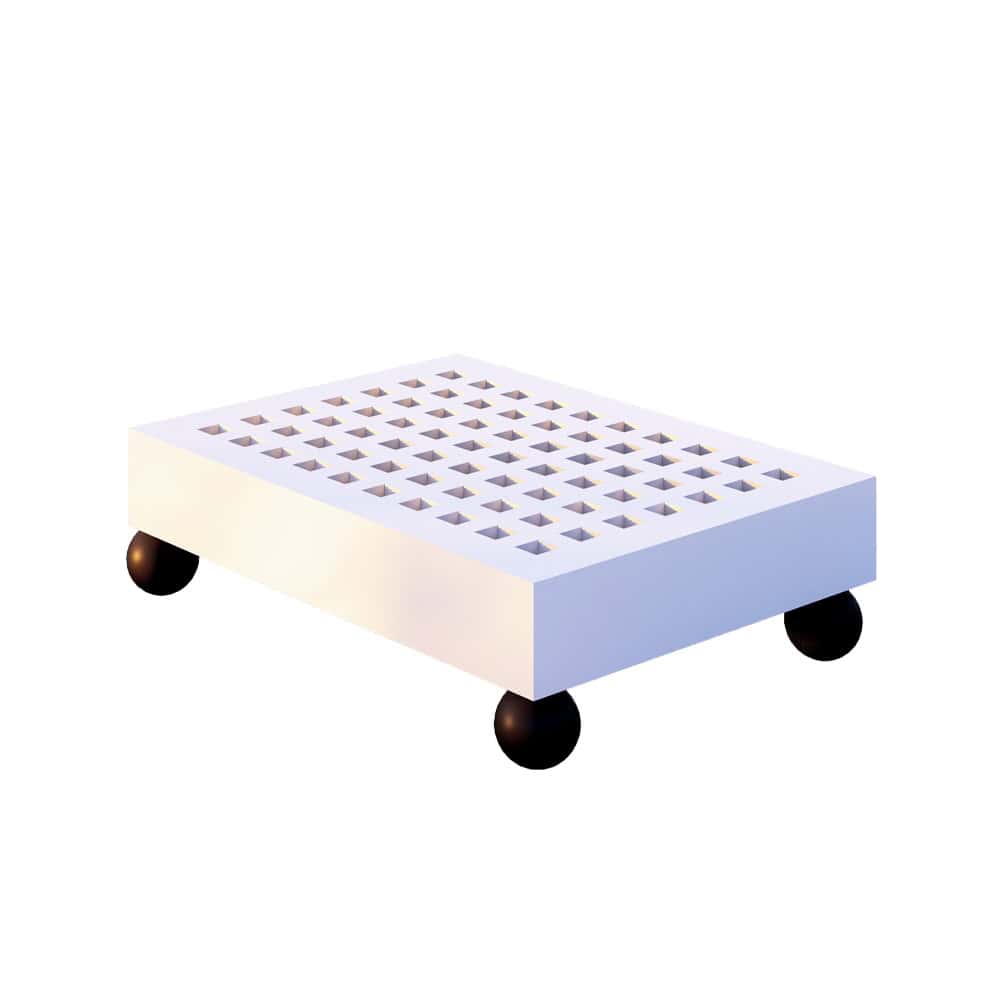 White rectangular table with perforated top and black sphere legs