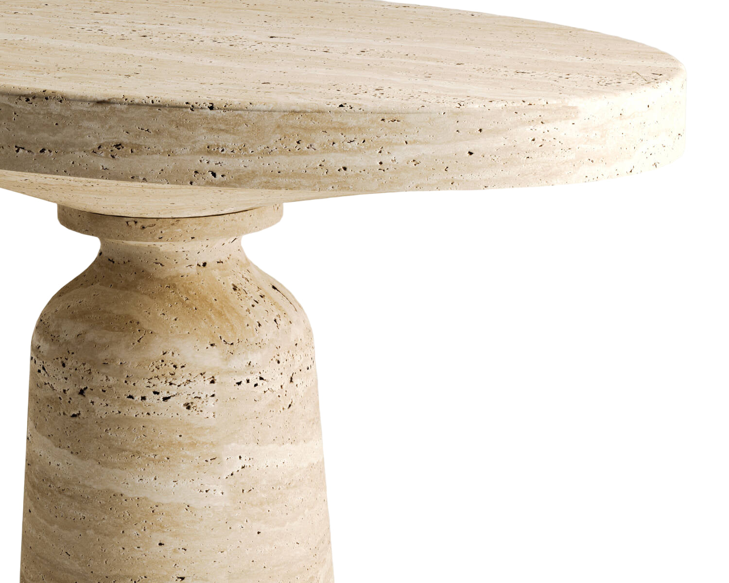 Close-up of Luzione Halcyon travertine side table; round top, pedestal base. Modern accent for living room or bedroom.