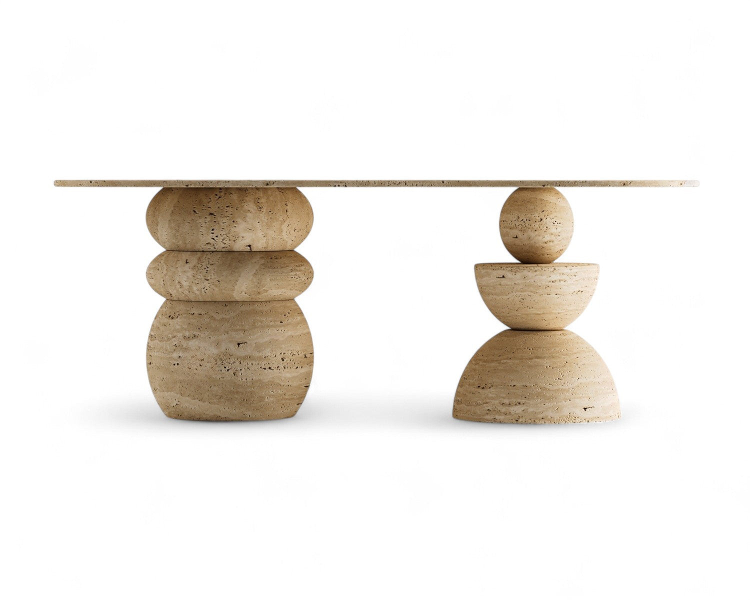 Travertine console table with stacked geometric stone bases