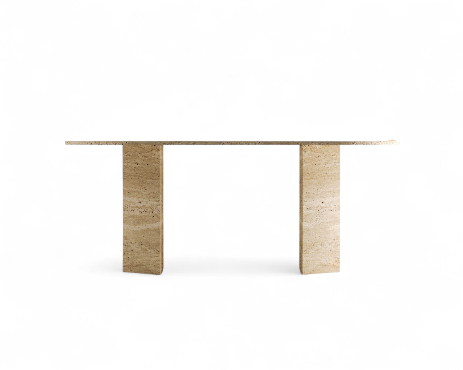 travertine console table with two rectangular legs on white background