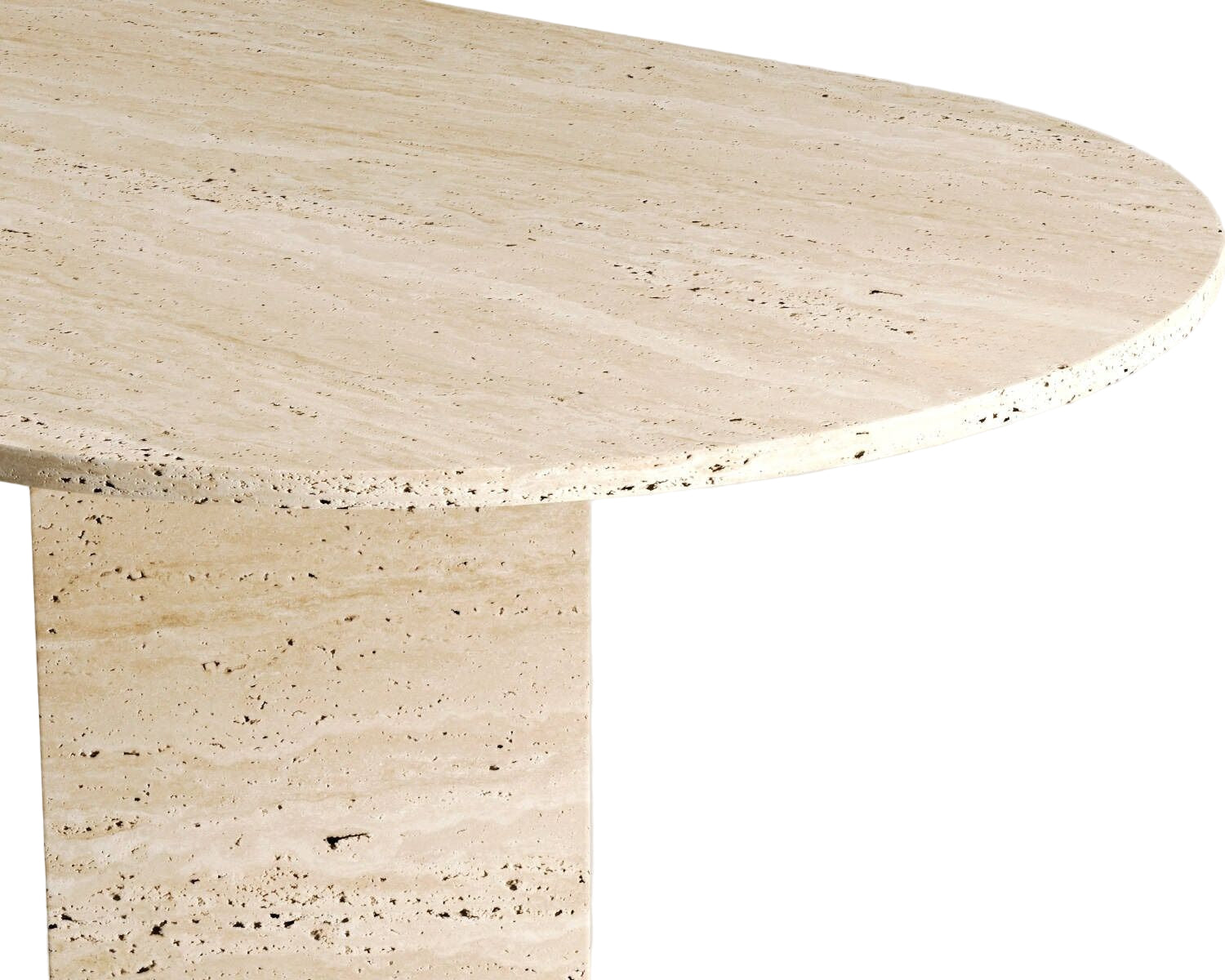 Close-up view of oval travertine stone dining table furniture.