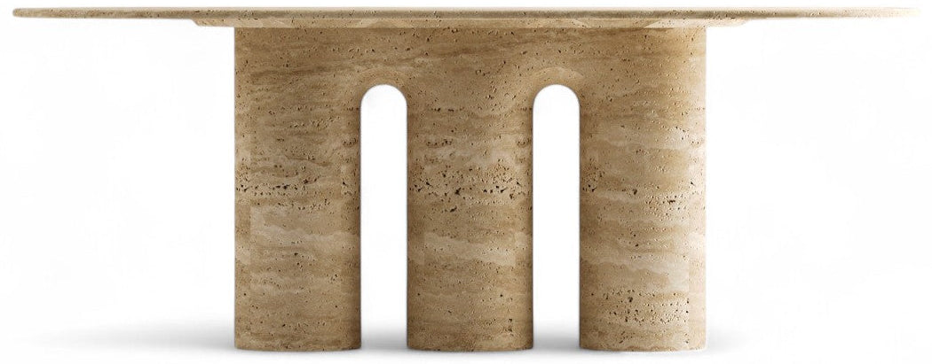 alt text: Travertine table with three arched legs on white background.
image metadata: white background, studio shot, travertine table, three arched legs, modern furniture, dining table, natural stone table, contemporary design, stone furniture, arch detail, minimalist table, luxury furniture