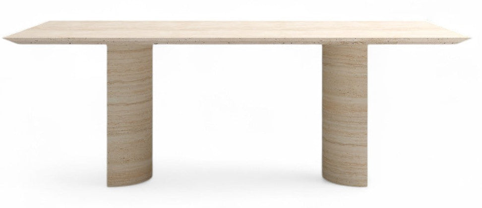 Travertine stone dining table with two curved bases on white background