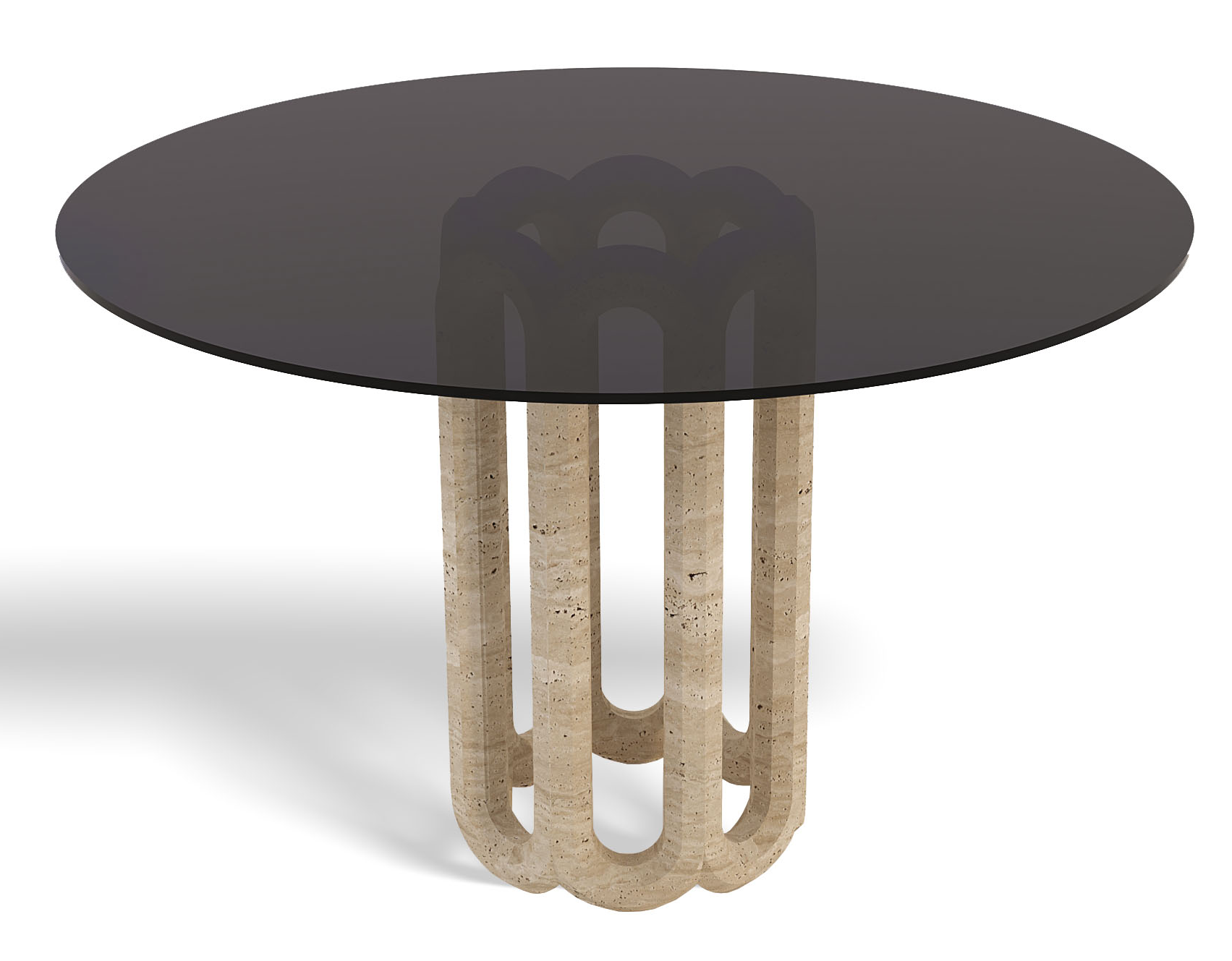 Luzione Eos table: black glass top, travertine base. Modern accent/dining table for elegant living spaces.