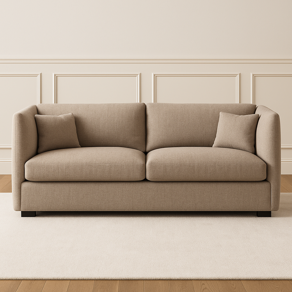 View of beige fabric sofa with two throw pillows on cream rug