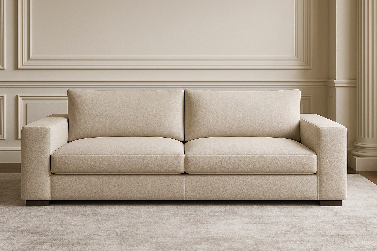 View of beige fabric sofa on rug in room with wainscoting and column.