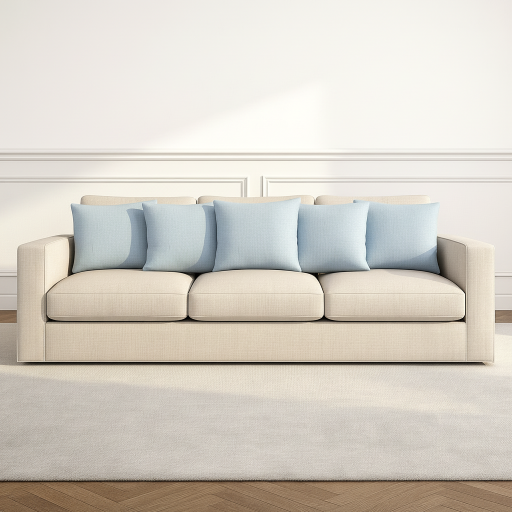 Beige fabric sofa with five light blue pillows on light rug