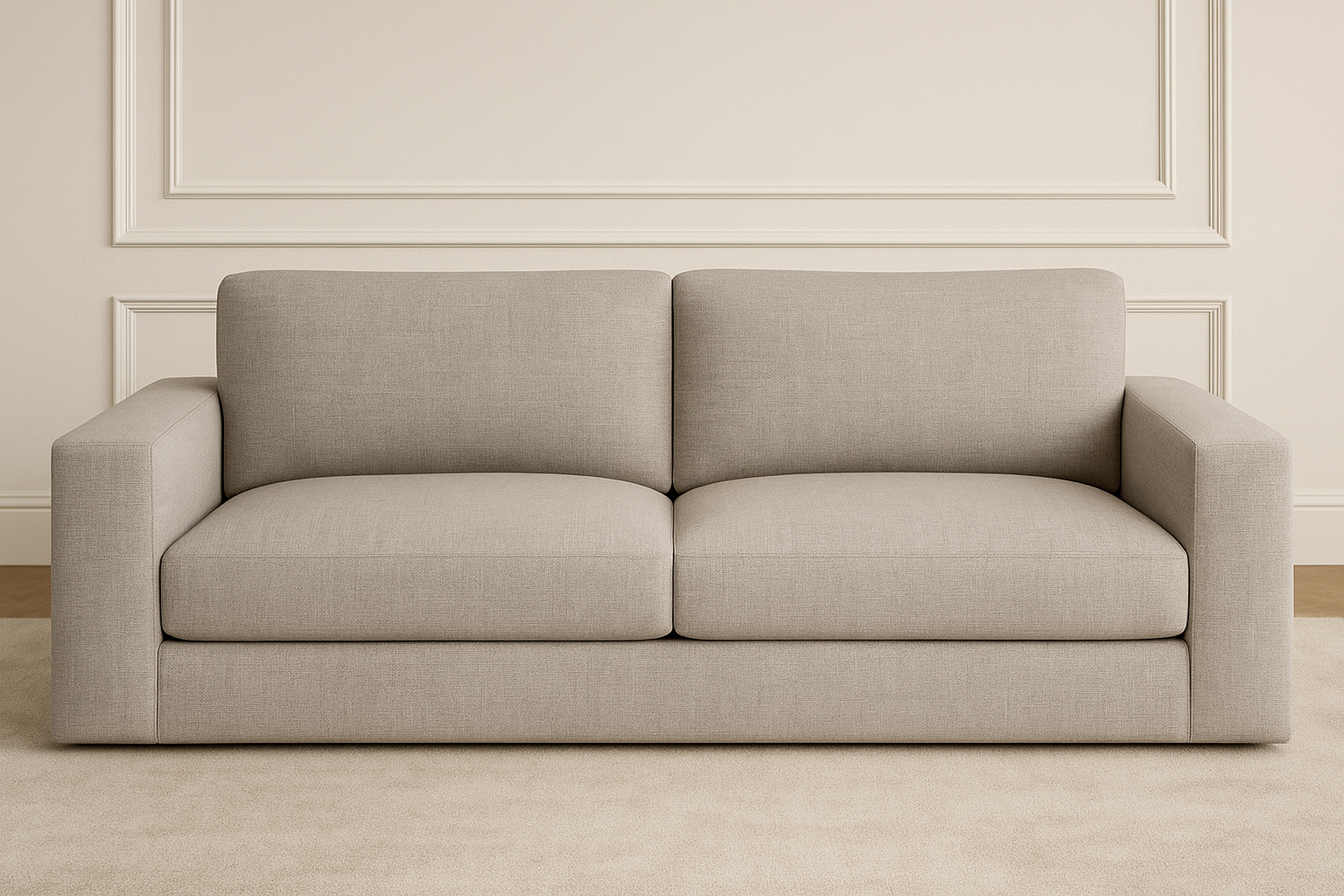 SEO Keywords: living room furniture, modern sofa, neutral upholstery, two-seater couch, fabric loveseat, contemporary design, beige couch, upholstered seating, small space sofa, apartment furniture
View: Full frontal view of a beige fabric two-seater sofa against a light wall with decorative molding. The sofa has a simple, modern design with square arms and back cushions. The floor is covered with a light-colored rug.
Products: beige fabric two-seater sofa, modern loveseat, upholstered couch