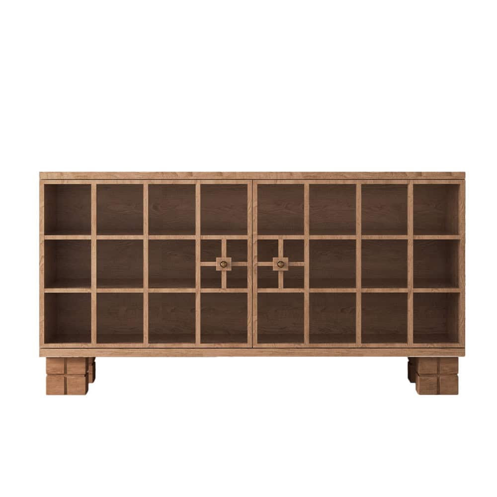 Wood sideboard cabinet with glass doors and square grid design