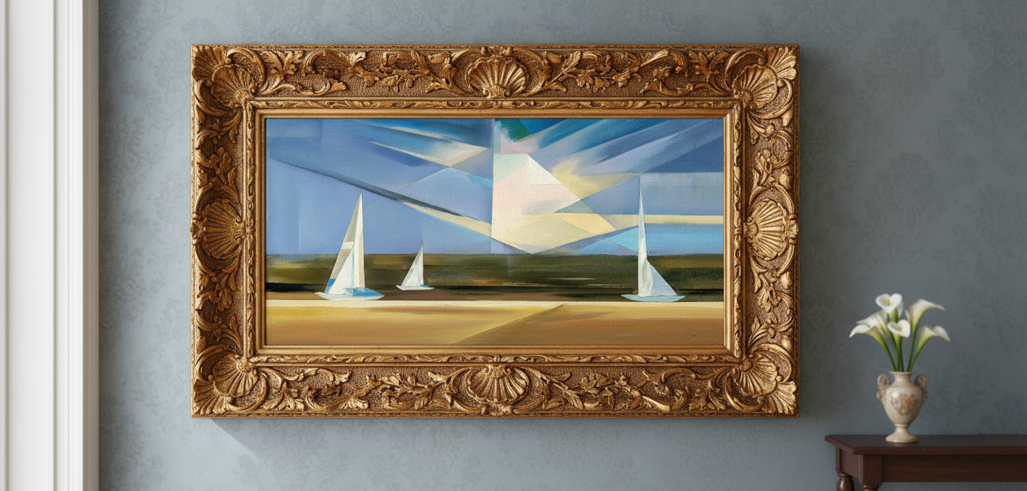 Ornate gold framed painting of sailboats on water and beach