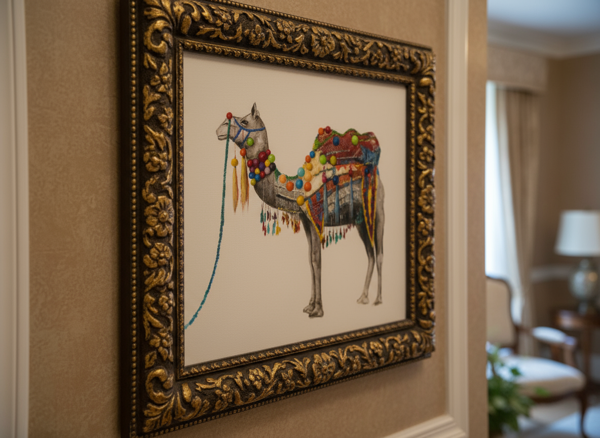 Framed camel art decor with ornate gold frame on wall.