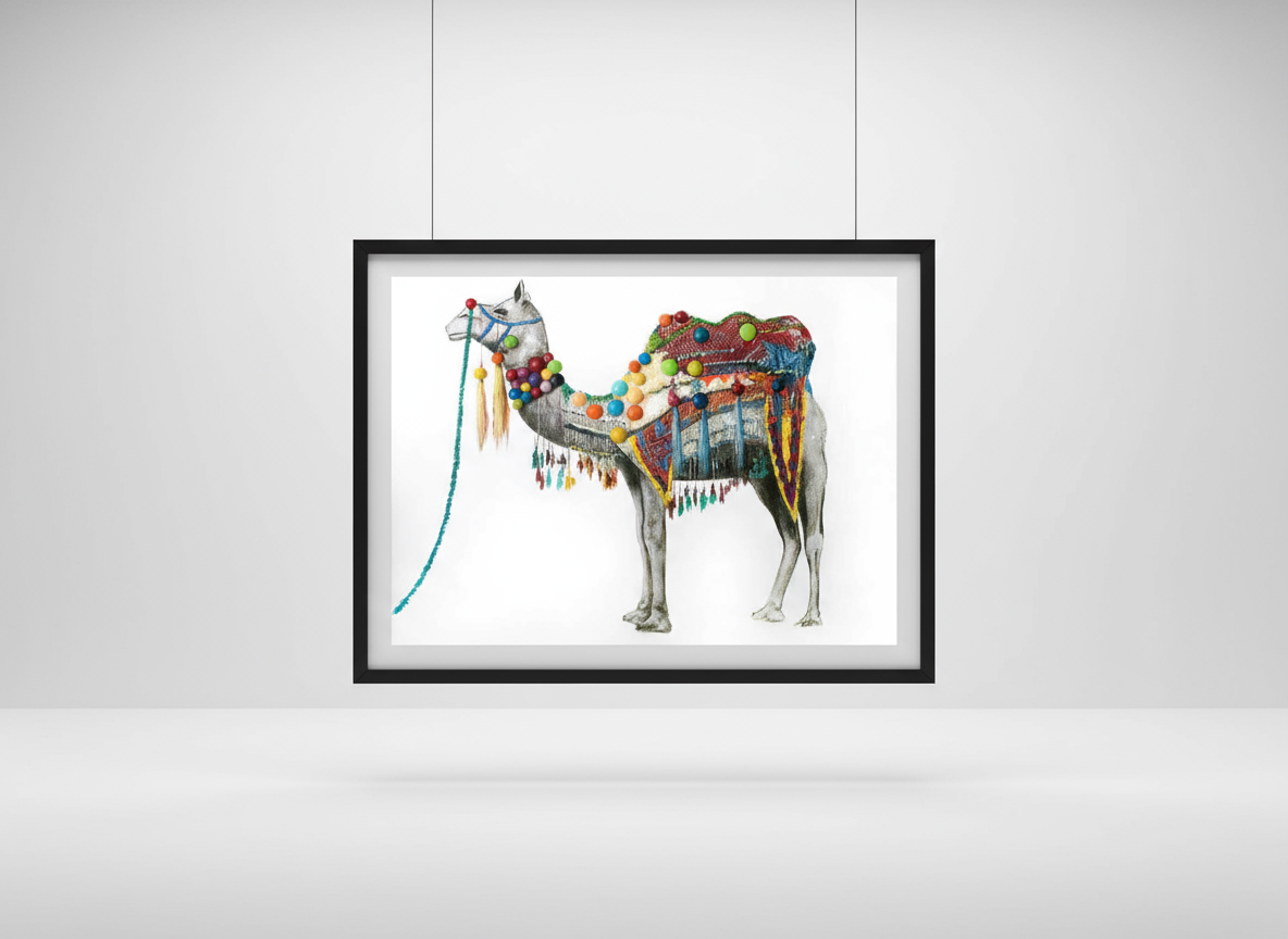 Framed art print of decorated camel on white background hanging on wall