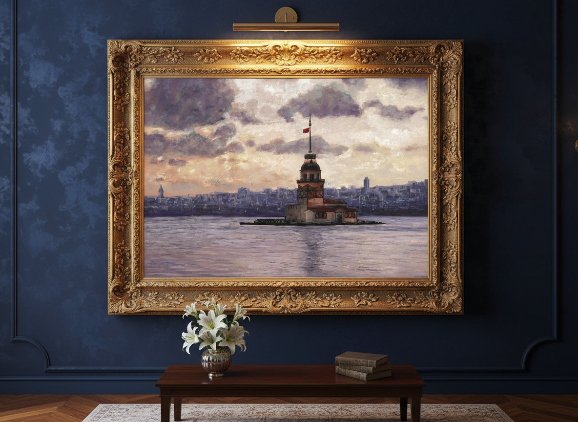 Maidens Tower Painting in an ornate gold frame above a wooden coffee table