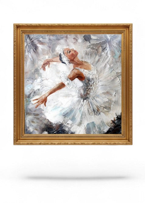 oil painting of white ballerina dancing in gold frame