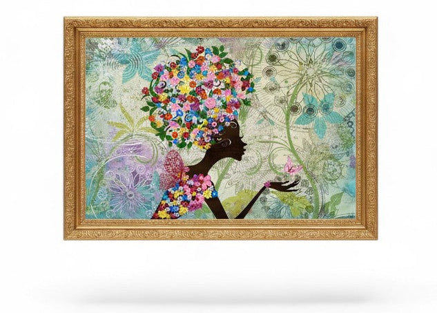 View of framed wall art depicting woman with colorful floral hair and butterfly.