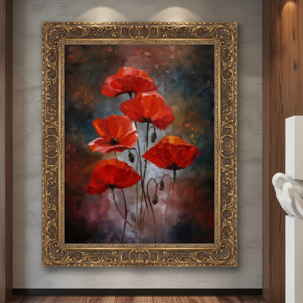Painting of red poppies in ornate gold frame on wall