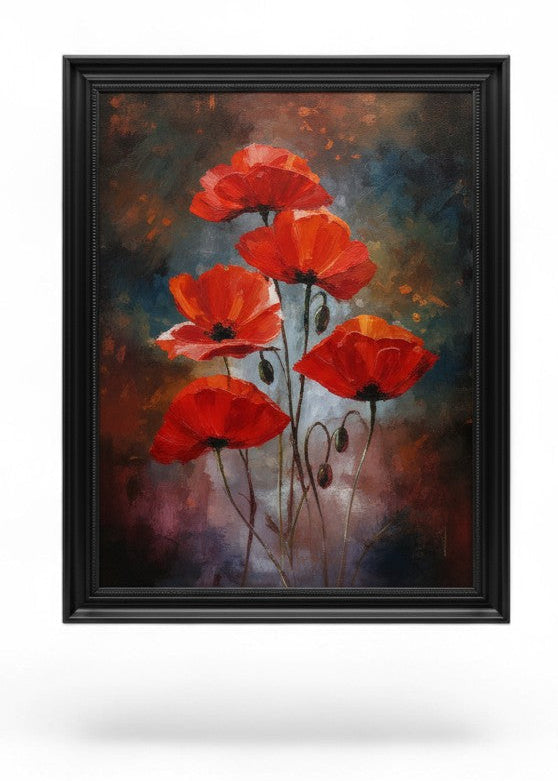 Red poppy flower painting in black framed wall art decor