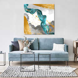 Living room scene with blue sofa, abstract wall art, striped rug.