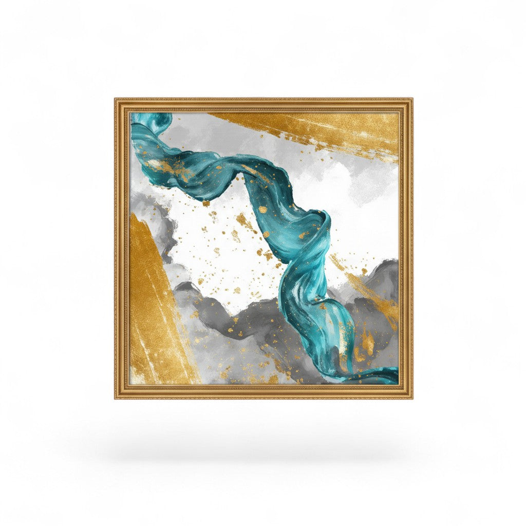 Abstract painting with teal, gray, gold colors in gold frame