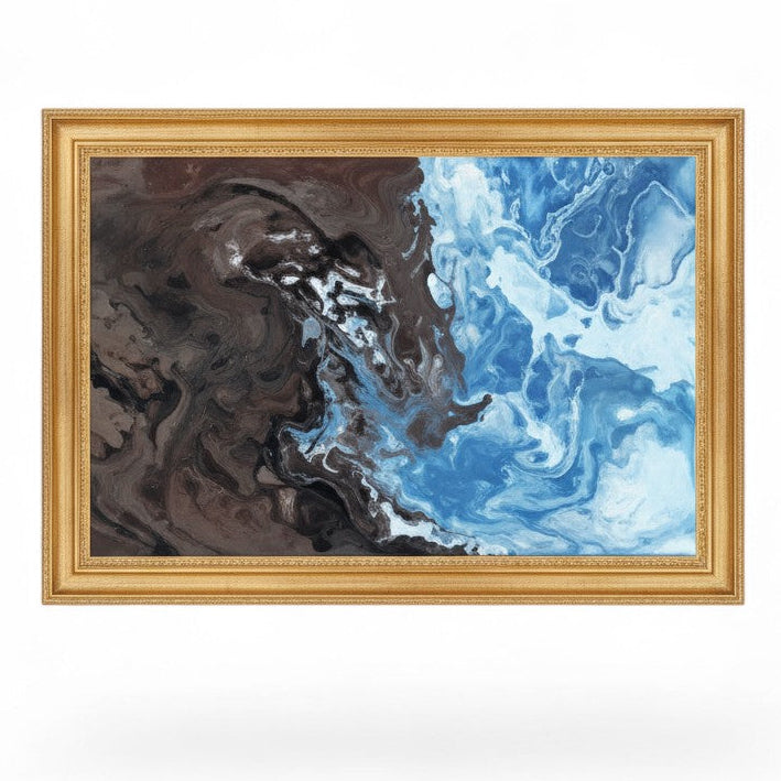 Gold framed abstract painting with blue and brown swirling colors