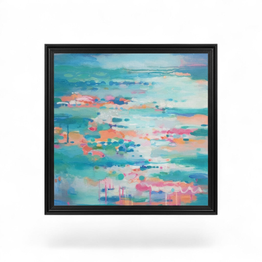 Abstract painting with blue, pink, and orange in black frame