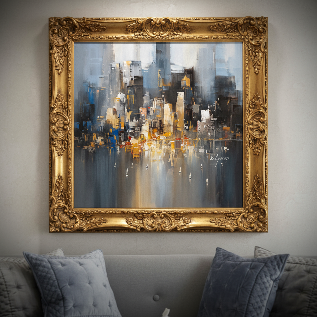 View of abstract cityscape painting in ornate gold frame above gray sofa with pillows, wall art, living room decor, home furnishings.