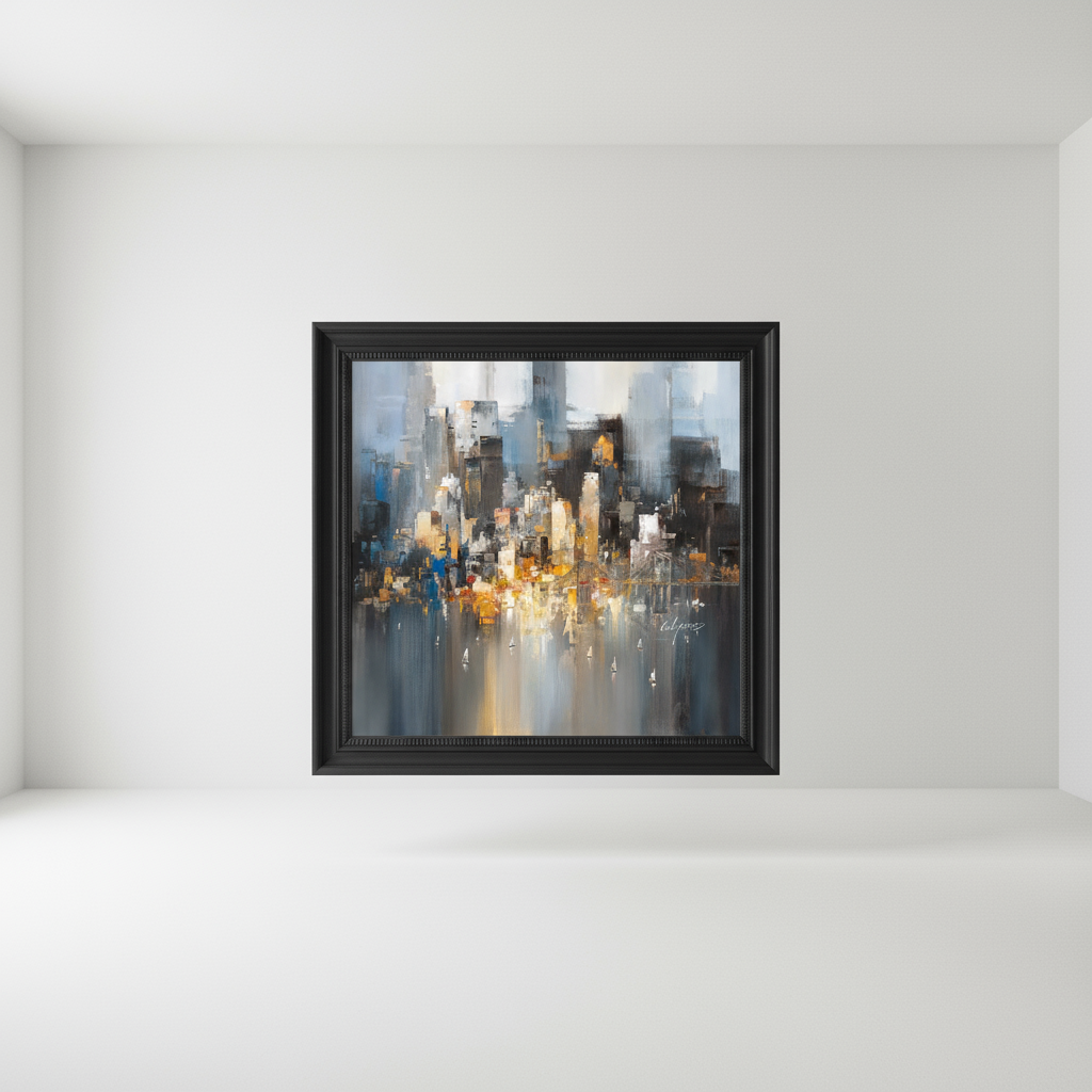 Abstract cityscape painting in black frame on white wall