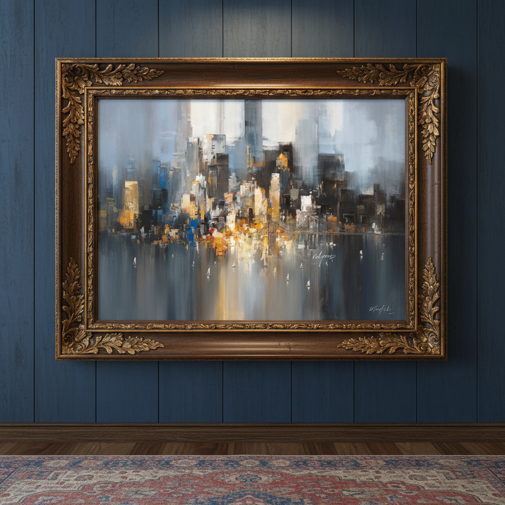 View of abstract cityscape painting in ornate gold frame on blue wall.