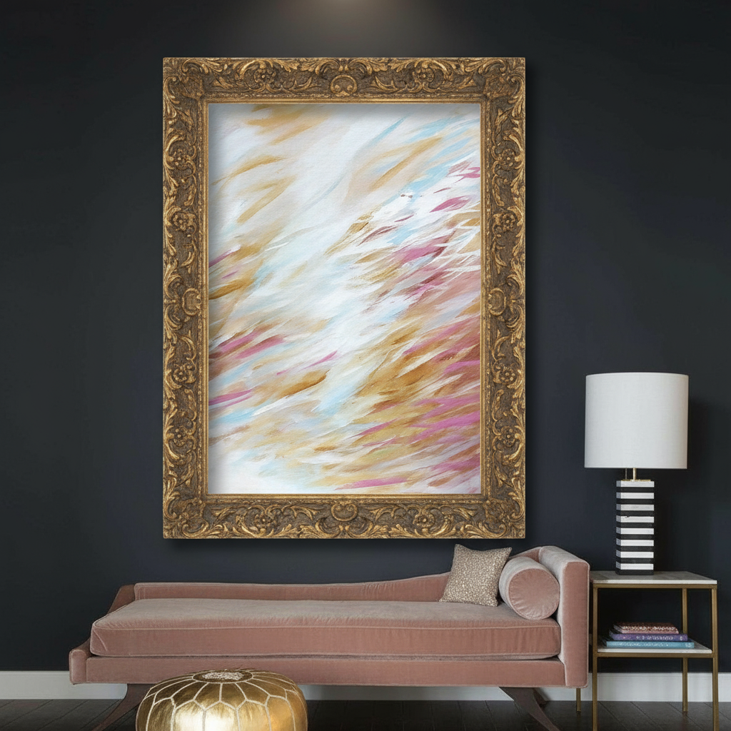 View of abstract painting in gold frame over pink velvet chaise lounge.
