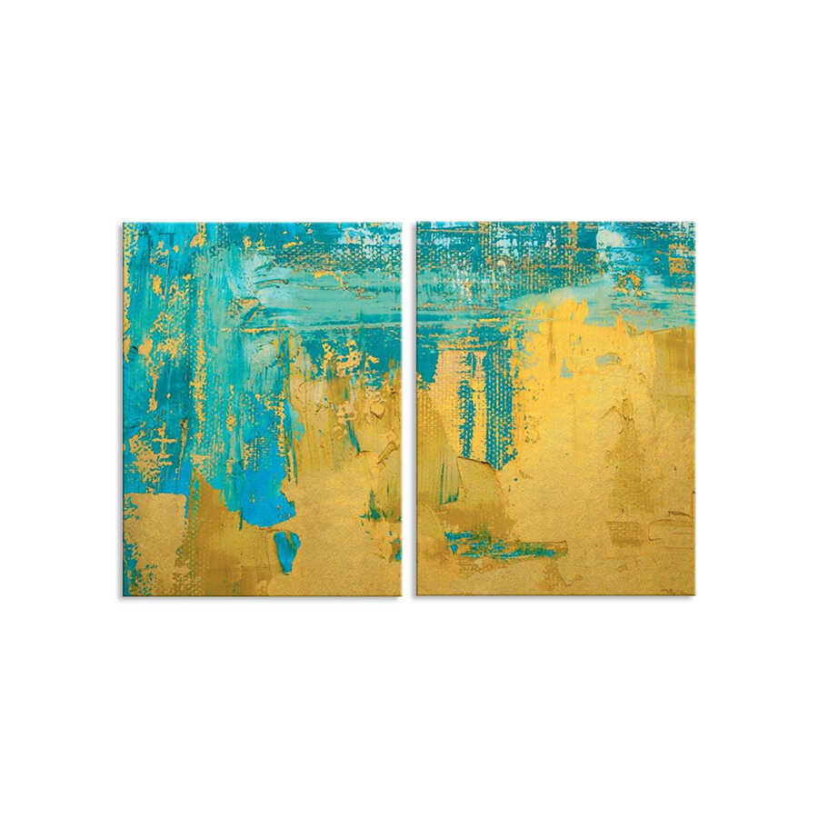 Two abstract canvas paintings with gold and turquoise colors