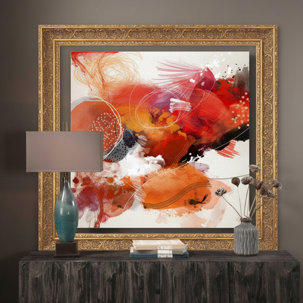 View of abstract painting in gold frame above dark wood console table.