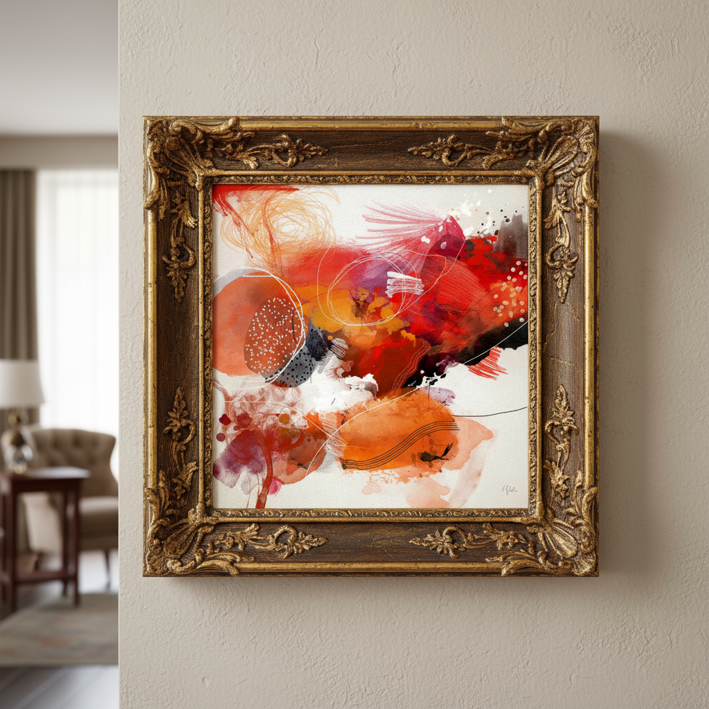 Abstract painting in ornate gold frame hanging on beige wall