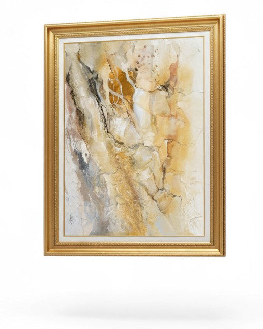 Abstract painting with gold frame, beige and brown colors, white background